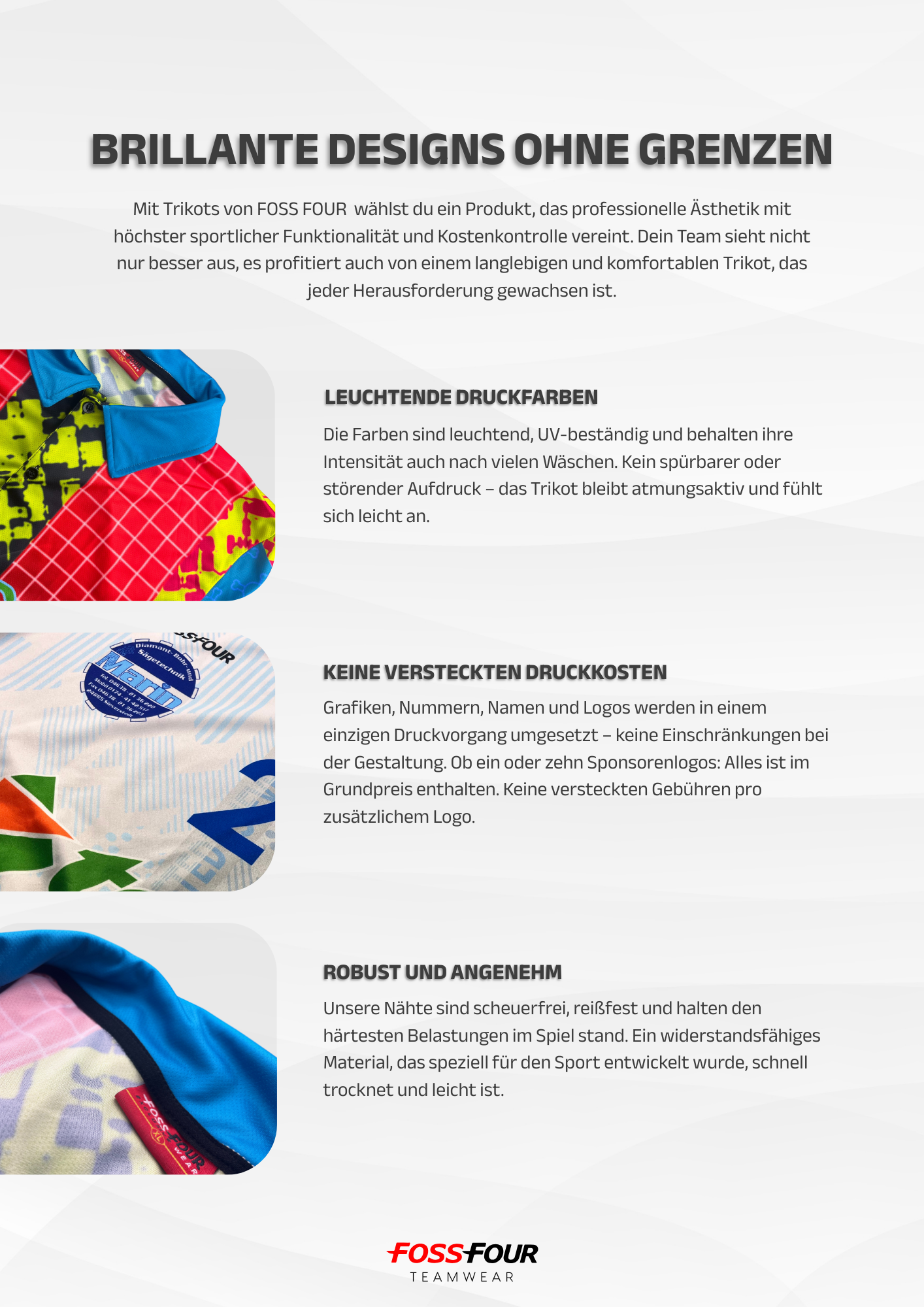 Leuchtene Druckfarben, Keine versteckten Druckkosten für Sponsorenaufdrucke, Robustes wiederstandsfähiges Sportpolyester, 